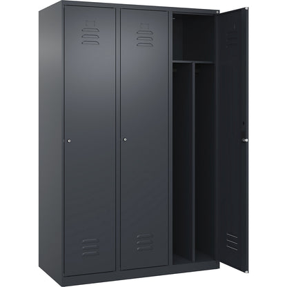Classic PLUS clean and dirty clothes locker, narrow, 3 compartments, shortened centre divider, grey, W 1200 mm, with floor glides, cylinder lock, centre partition.