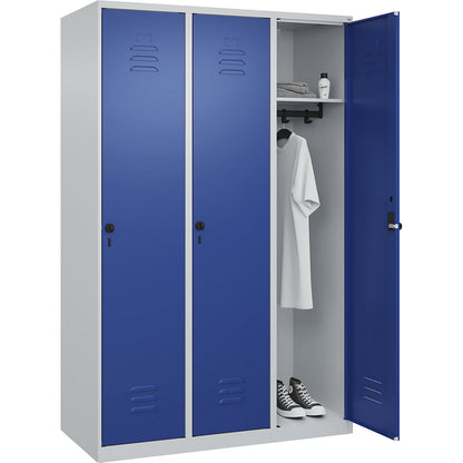 Classic PLUS clothes locker, 3 compartments, light grey/gentian blue, W 1200 mm, with floor glides, rotary bolt.