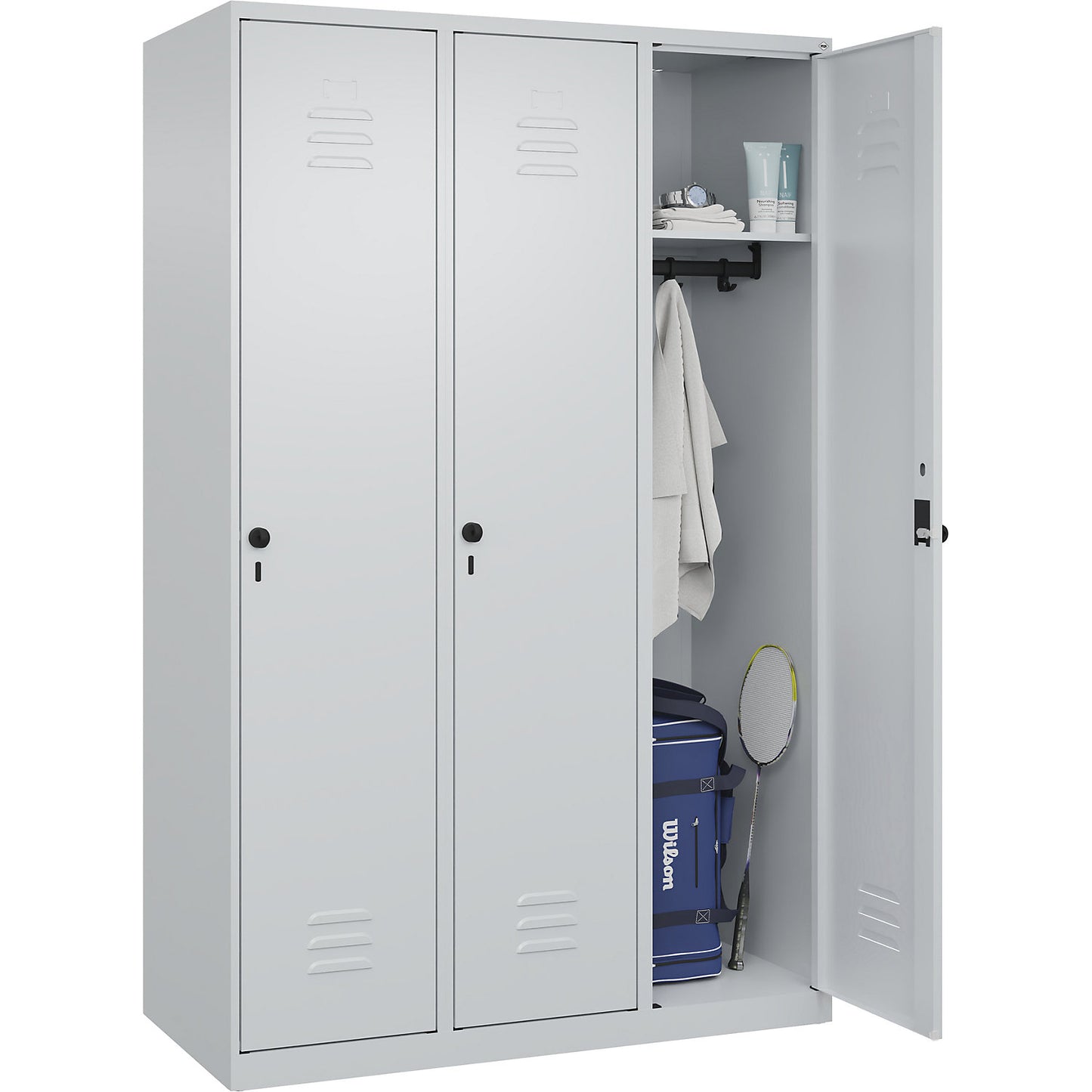 Classic PLUS clothes locker, 3 compartments, light grey, W 1200 mm, with floor glides, rotary bolt.