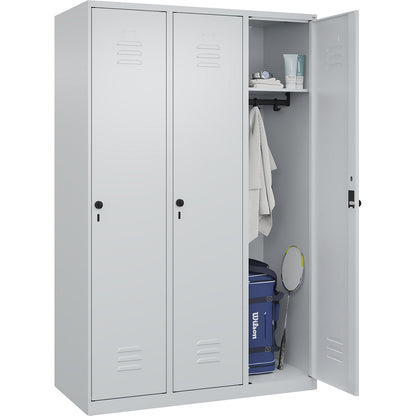 Classic PLUS clothes locker, 3 compartments, light grey, W 1200 mm, with floor glides, rotary bolt.