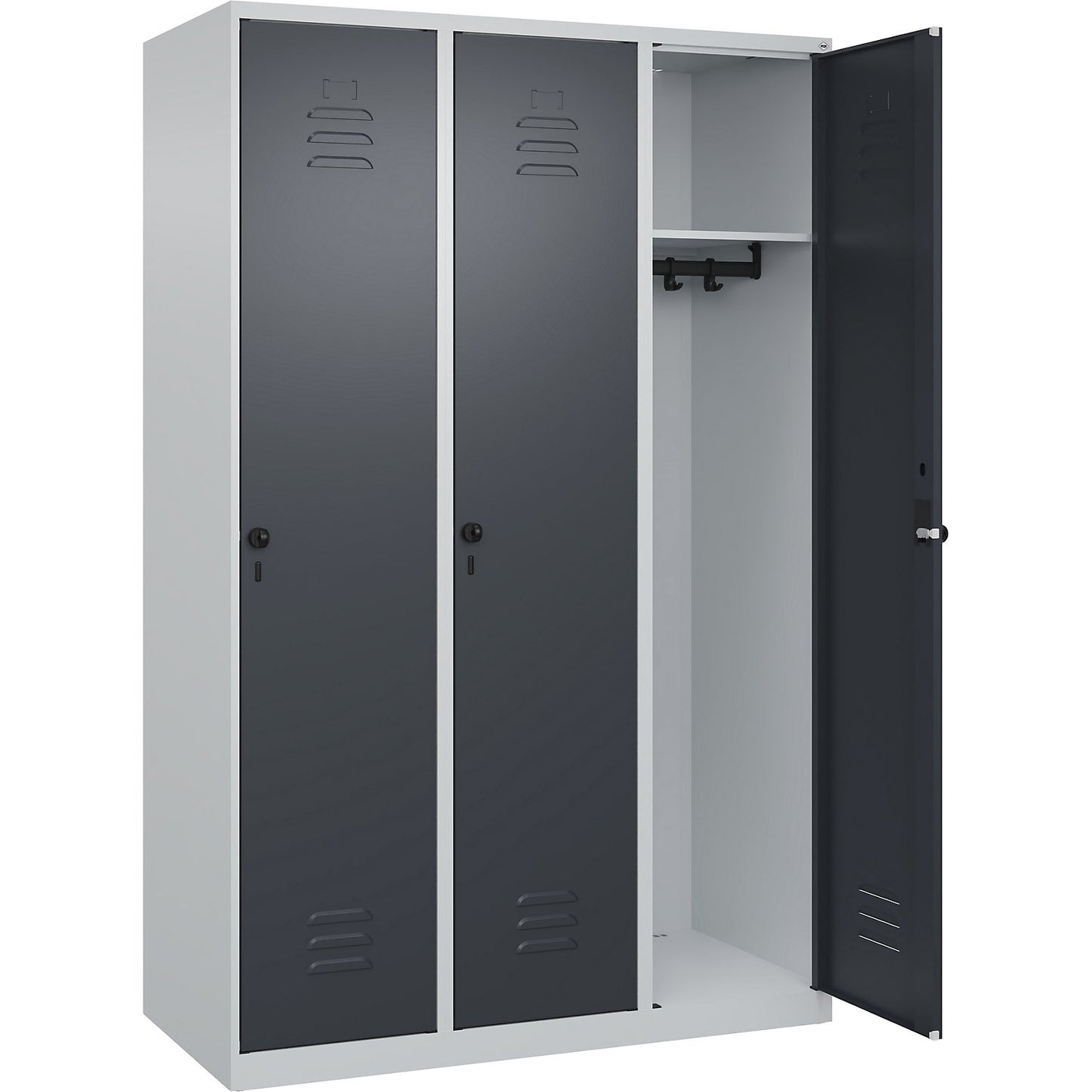 Classic PLUS clothes locker, 3 compartments, light grey/grey, W 1200 mm, with floor glides, rotary bolt.