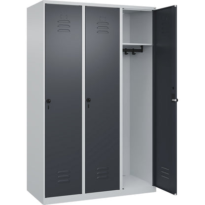 Classic PLUS clothes locker, 3 compartments, light grey/grey, W 1200 mm, with floor glides, rotary bolt.
