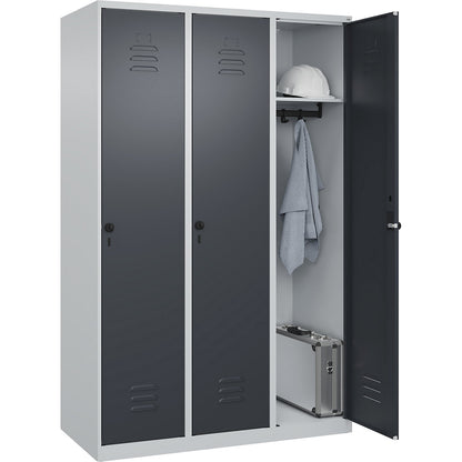 Classic PLUS clothes locker, 3 compartments, light grey/grey, W 1200 mm, with floor glides, rotary bolt.