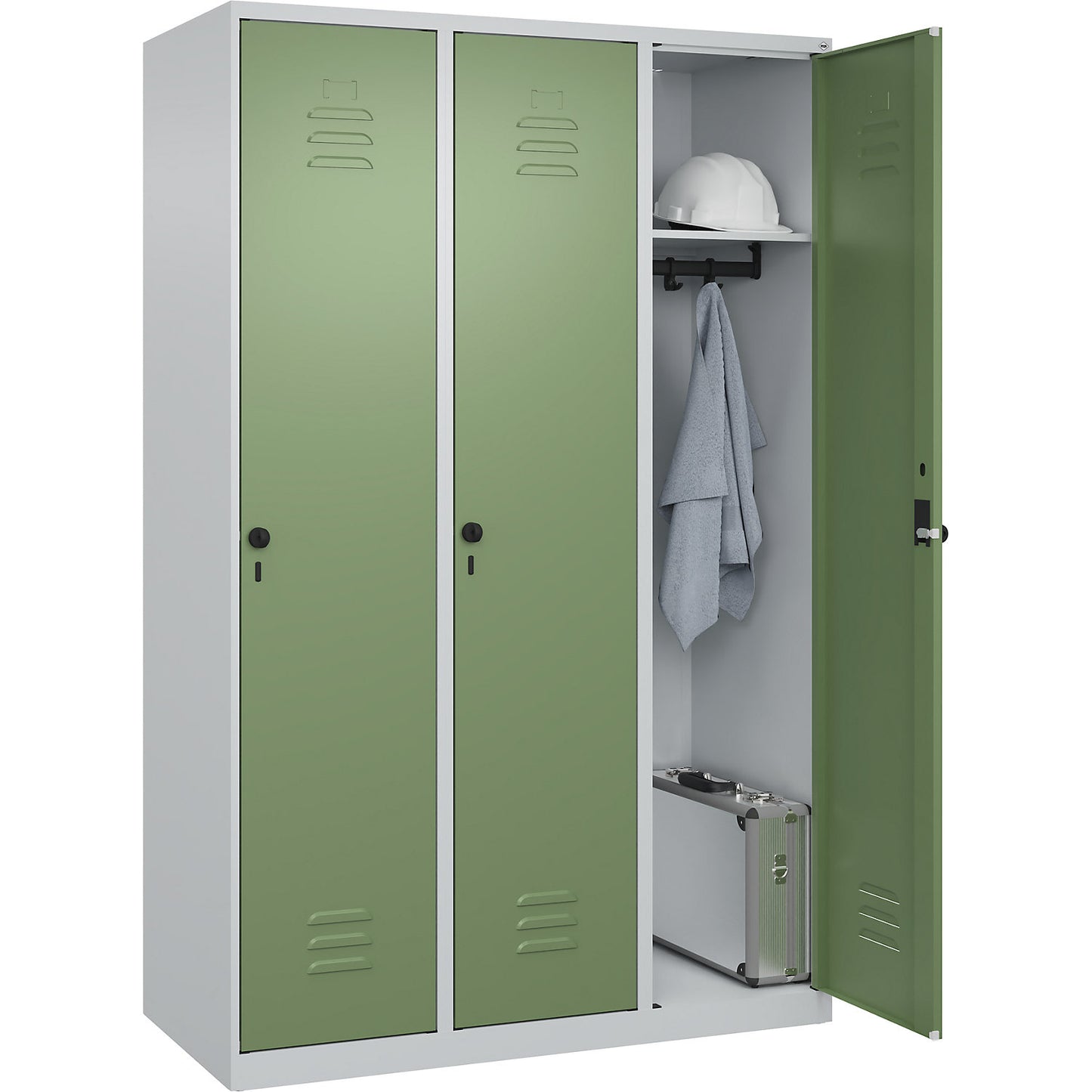 Classic PLUS clothes locker, 3 compartments, light grey/reseda green, W 1200 mm, with floor glides, rotary bolt.