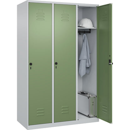 Classic PLUS clothes locker, 3 compartments, light grey/reseda green, W 1200 mm, with floor glides, rotary bolt.