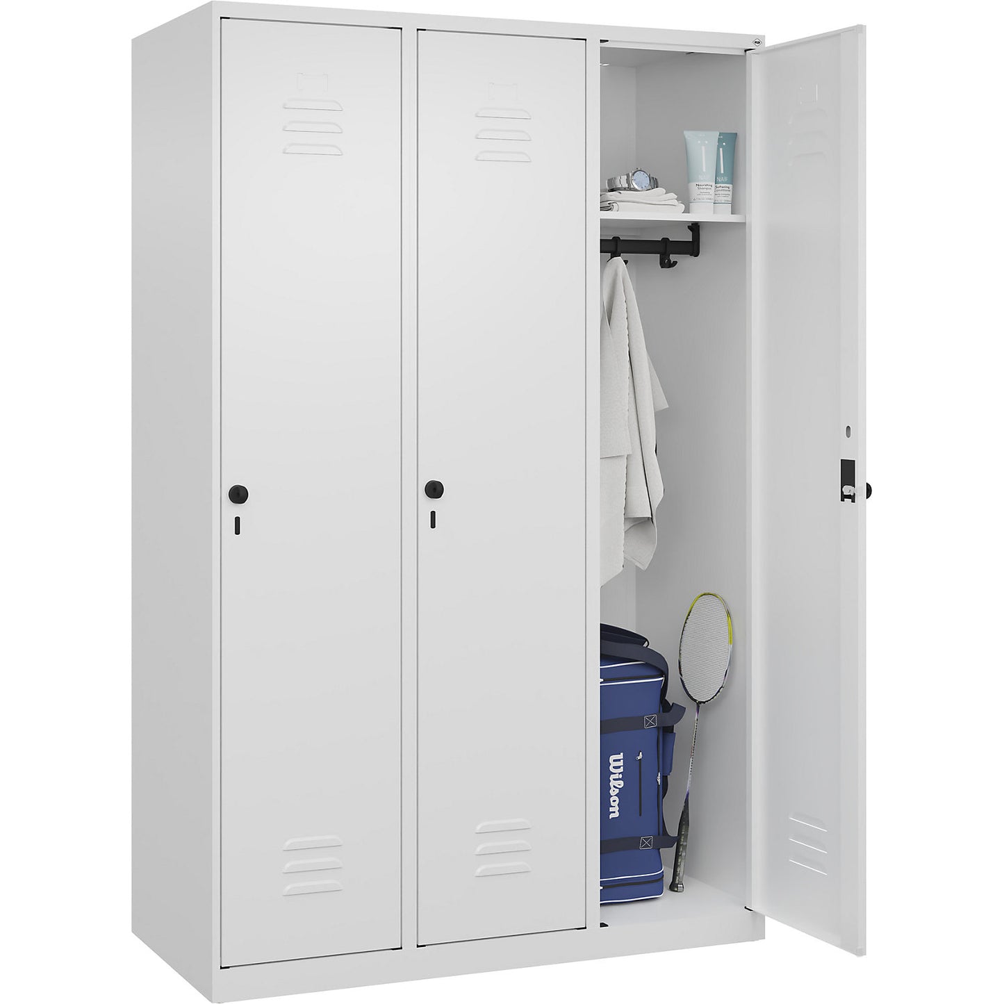 Classic PLUS clothes locker, 3 compartments, traffic white, W 1200 mm, with floor glides, rotary bolt.