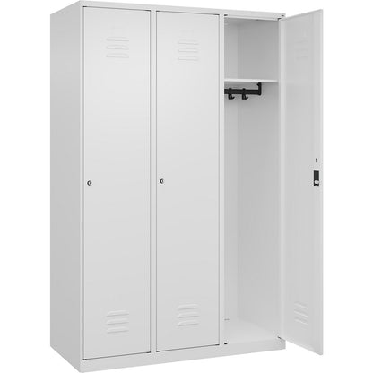 Classic PLUS clothes locker, 3 compartments, traffic white, W 1200 mm, with floor glides, cylinder lock.