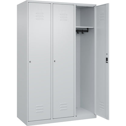 Classic PLUS clothes locker, 3 compartments, light grey, W 1200 mm, with floor glides, cylinder lock.