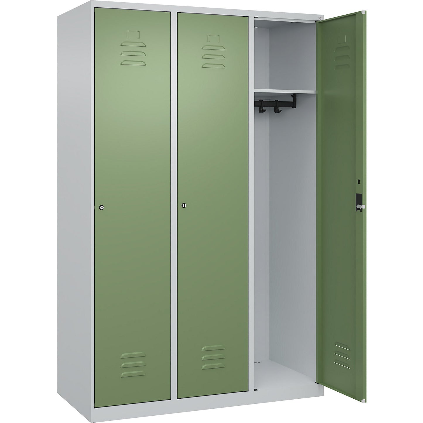Classic PLUS clothes locker, 3 compartments, light grey/reseda green, W 1200 mm, with floor glides, cylinder lock.