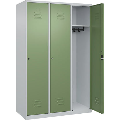 Classic PLUS clothes locker, 3 compartments, light grey/reseda green, W 1200 mm, with floor glides, cylinder lock.