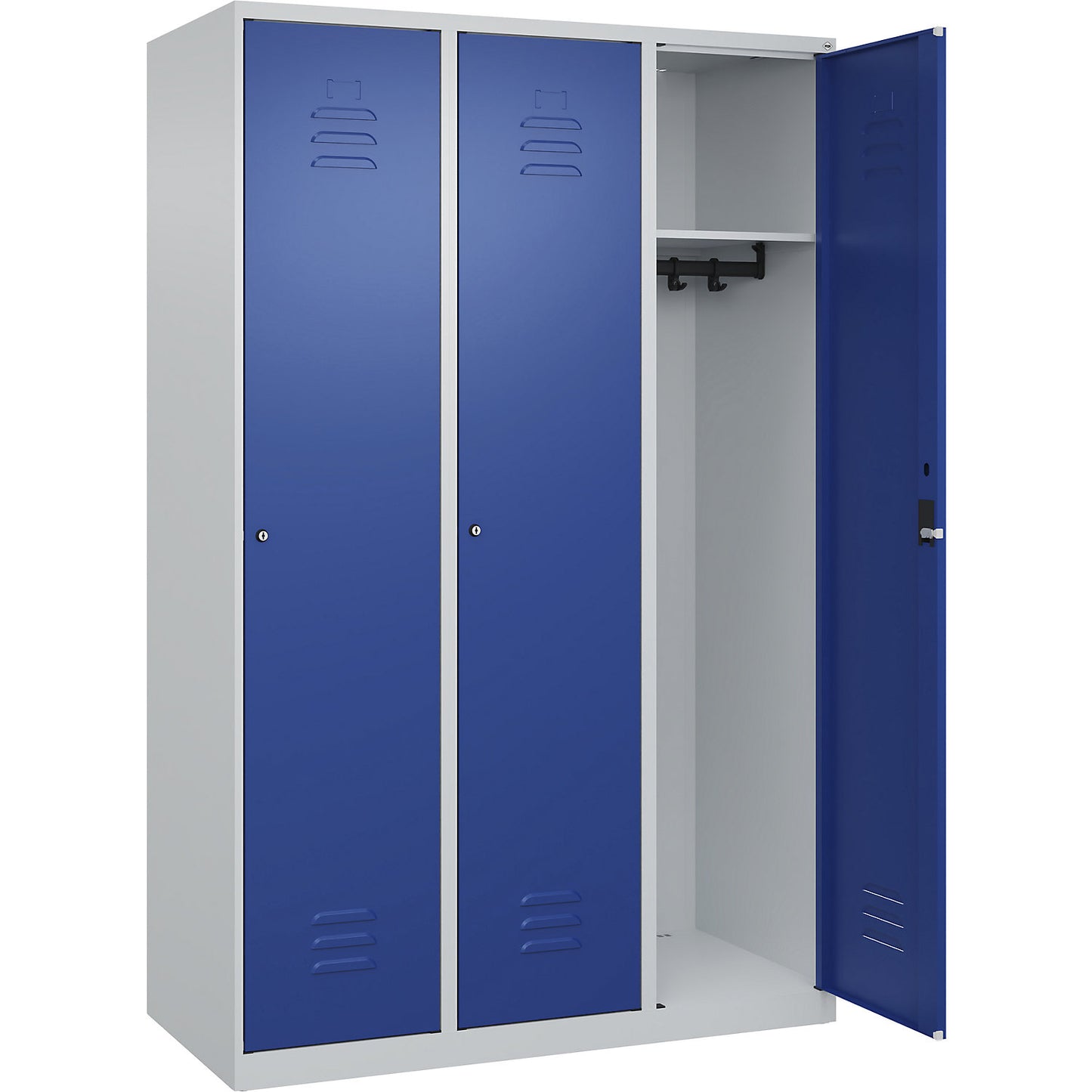 Classic PLUS clothes locker, 3 compartments, light grey/gentian blue, W 1200 mm, with floor glides, cylinder lock.
