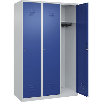 Classic PLUS clothes locker, 3 compartments, light grey/gentian blue, W 1200 mm, with floor glides, cylinder lock.
