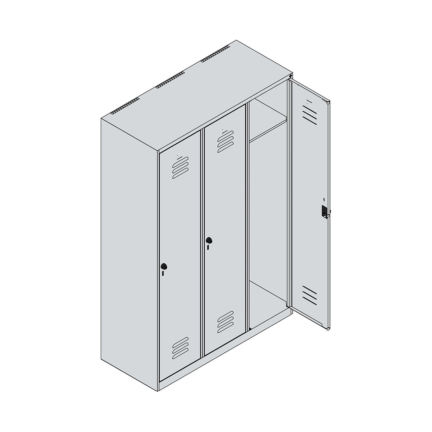 Classic PLUS clothes locker, 3 compartments, light grey/reseda green, W 1200 mm, with floor glides, rotary bolt.