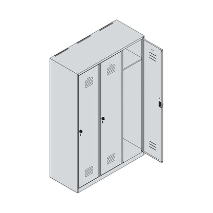 Classic PLUS clothes locker, 3 compartments, light grey, W 1200 mm, with floor glides, rotary bolt.
