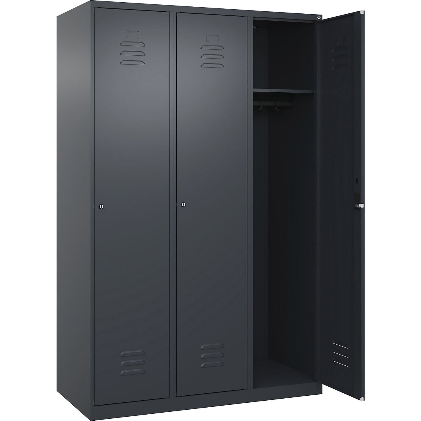 Classic PLUS clothes locker, 3 compartments, grey, W 1200 mm, with floor glides, cylinder lock.