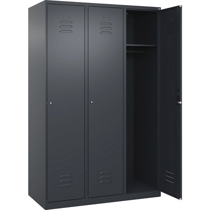Classic PLUS clothes locker, 3 compartments, grey, W 1200 mm, with floor glides, cylinder lock.