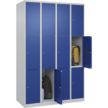 Classic PLUS 3-fold compartment locker, 4 compartments, light grey/gentian blue, W 1200 mm, 12 compartments, with floor glides.