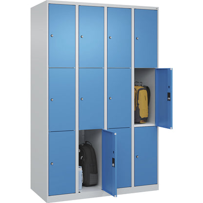 Classic PLUS 3-fold compartment locker, 4 compartments, light grey/light blue, W 1200 mm, 12 compartments, with floor glides.