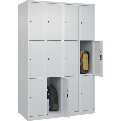 Classic PLUS 3-fold compartment locker, 4 compartments, light grey, W 1200 mm, 12 compartments, with floor glides.