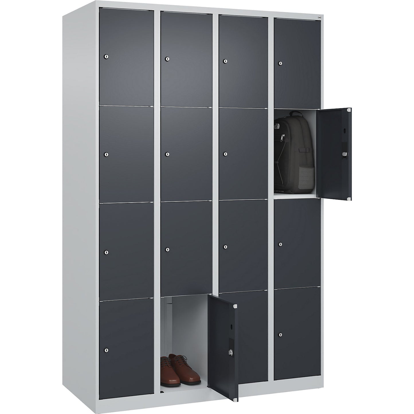 Classic PLUS 4-fold compartment locker, 4 compartments, light grey/grey, W 1200 mm, 16 compartments, with floor glides.