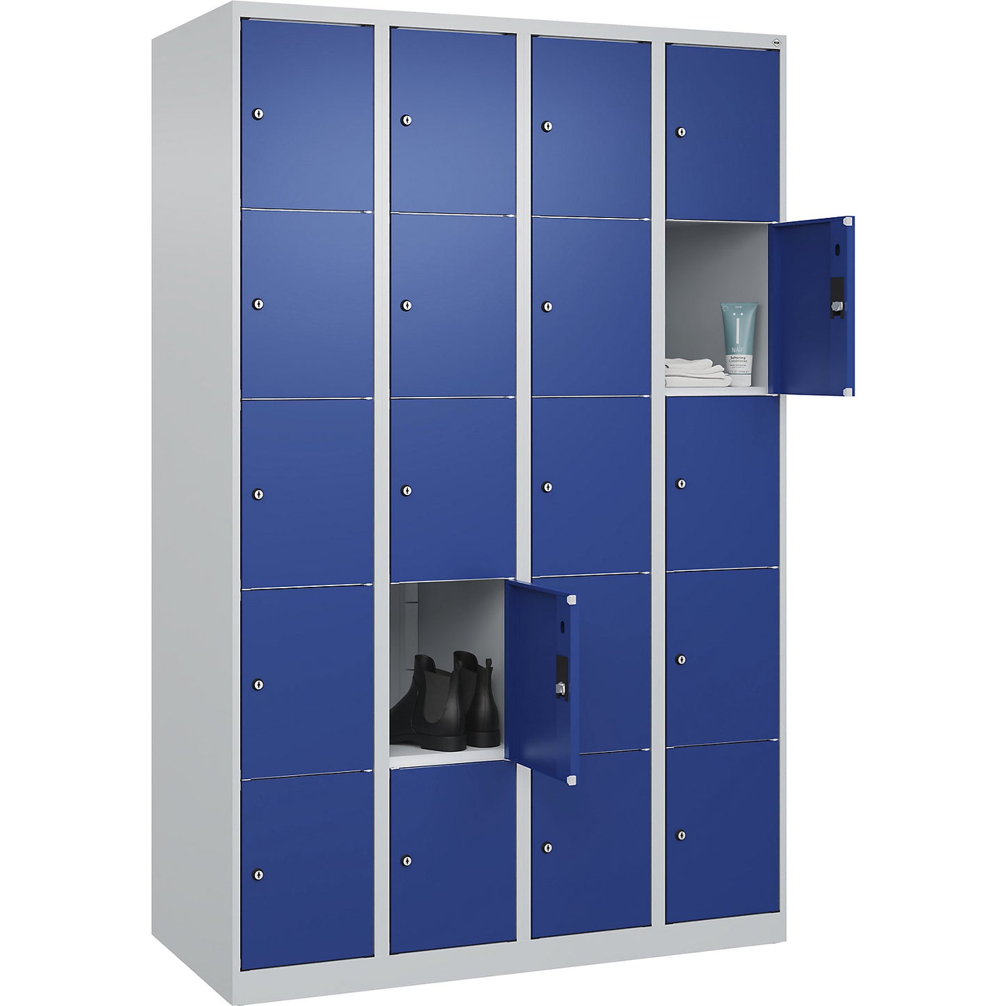 Classic PLUS 5-fold compartment locker, 4 compartments, light grey/gentian blue, W 1200 mm, 20 compartments, with floor glides.