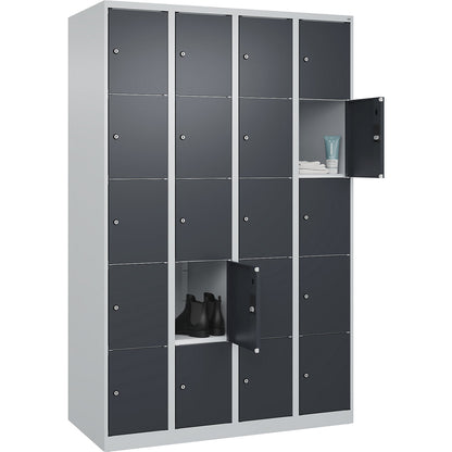 Classic PLUS 5-fold compartment locker, 4 compartments, light grey/grey, W 1200 mm, 20 compartments, with floor glides.