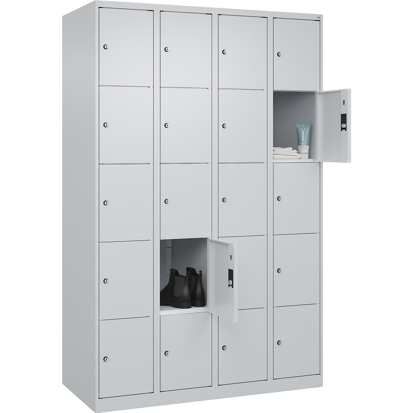 Classic PLUS 5-fold compartment locker, 4 compartments, light grey, W 1200 mm, 20 compartments, with floor glides.
