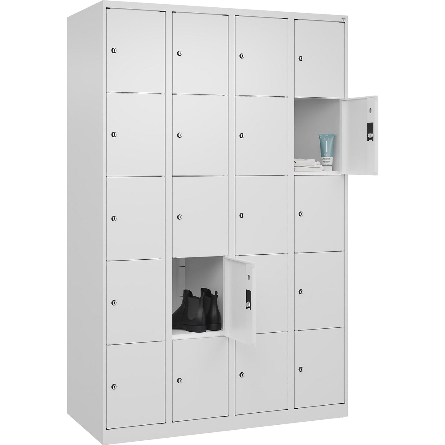 Classic PLUS 5-fold compartment locker, 4 compartments, traffic white, W 1200 mm, 20 compartments, with floor glides.