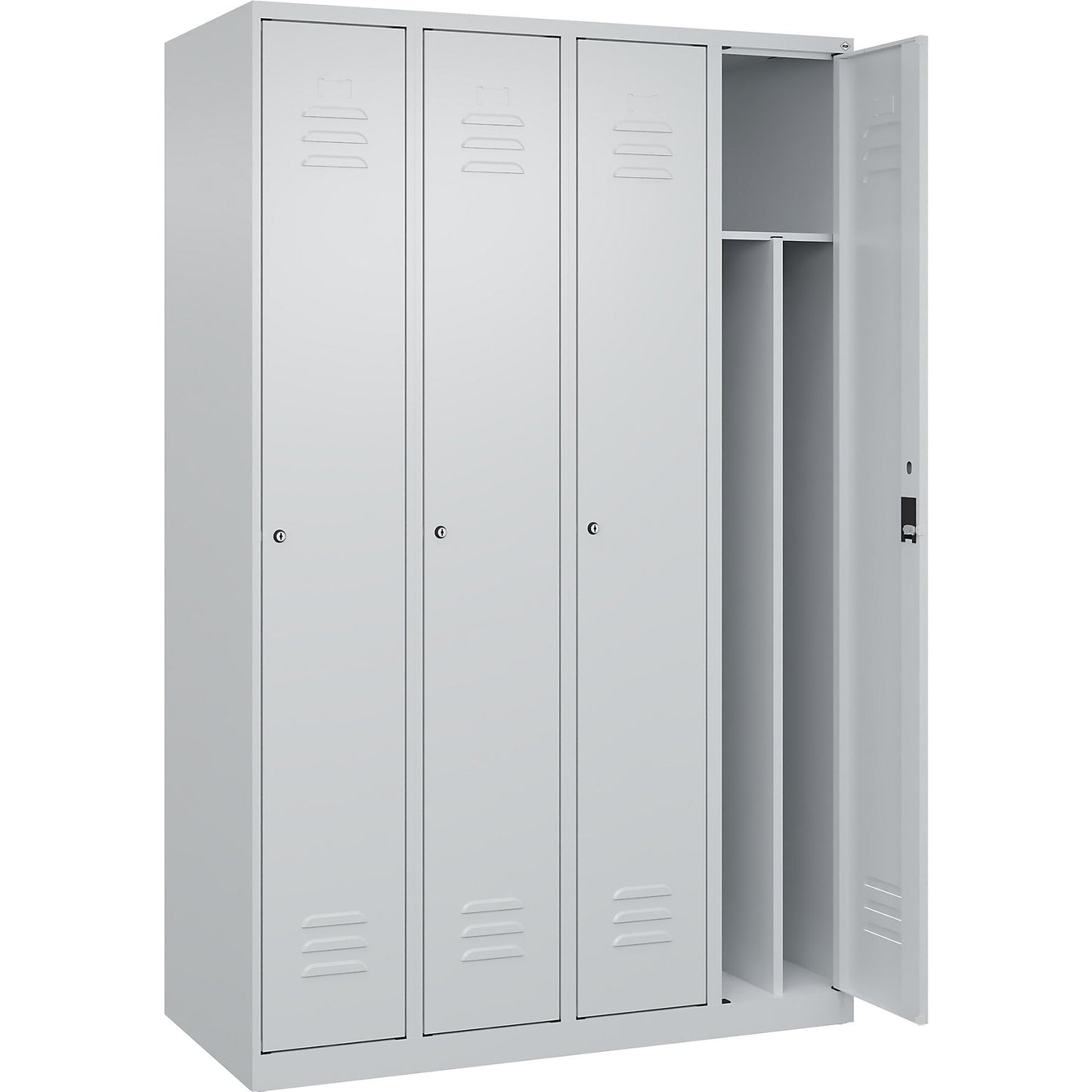 Classic PLUS clean and dirty clothes locker, narrow, 4 compartments, shortened centre divider, light grey, W 1200 mm, with floor glides, cylinder lock, centre partition.