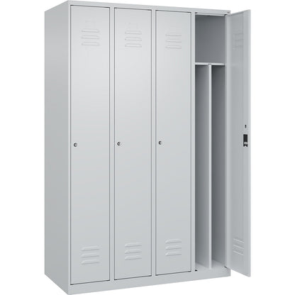Classic PLUS clean and dirty clothes locker, narrow, 4 compartments, shortened centre divider, light grey, W 1200 mm, with floor glides, cylinder lock, centre partition.