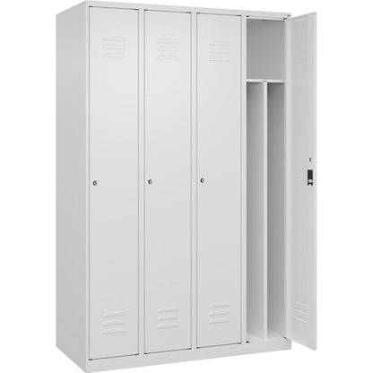 Classic PLUS clean and dirty clothes locker, narrow, 4 compartments, shortened centre divider, traffic white, W 1200 mm, with floor glides, cylinder lock, centre partition.