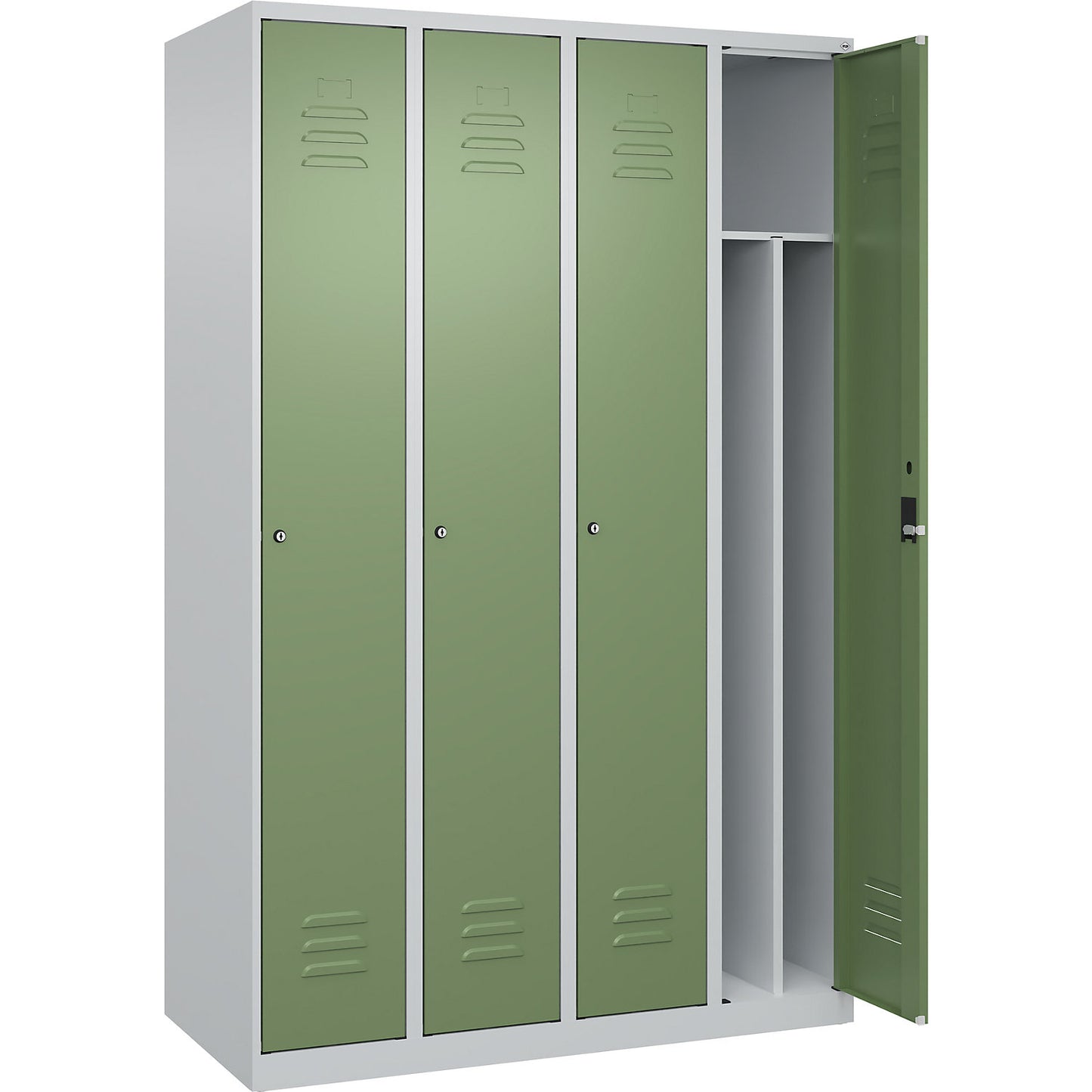 Classic PLUS clean and dirty clothes locker, narrow, 4 compartments, shortened centre divider, light grey/reseda green, W 1200 mm, with floor glides, cylinder lock, centre partition.