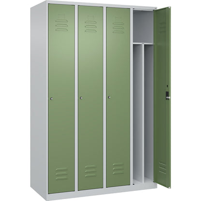 Classic PLUS clean and dirty clothes locker, narrow, 4 compartments, shortened centre divider, light grey/reseda green, W 1200 mm, with floor glides, cylinder lock, centre partition.