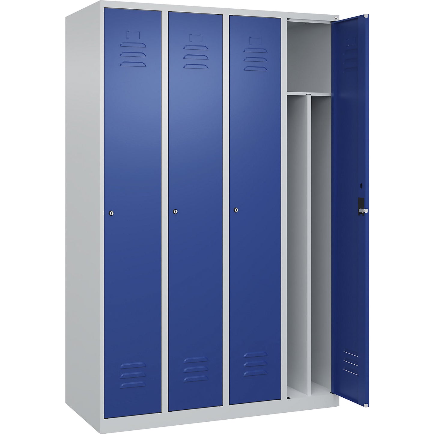 Classic PLUS clean and dirty clothes locker, narrow, 4 compartments, shortened centre divider, light grey/gentian blue, W 1200 mm, with floor glides, cylinder lock, centre partition.