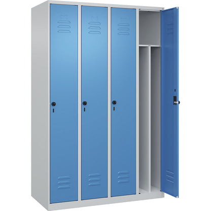 Classic PLUS clean and dirty clothes locker, narrow, 4 compartments, shortened centre divider, light grey/light blue, W 1200 mm, with floor glides, rotary bolt, centre partition.