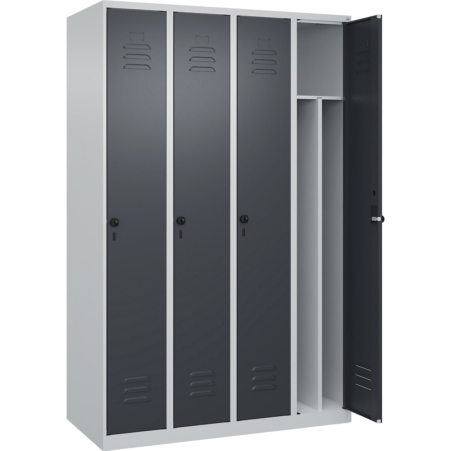 Classic PLUS clean and dirty clothes locker, narrow, 4 compartments, shortened centre divider, light grey/grey, W 1200 mm, with floor glides, rotary bolt, centre partition.