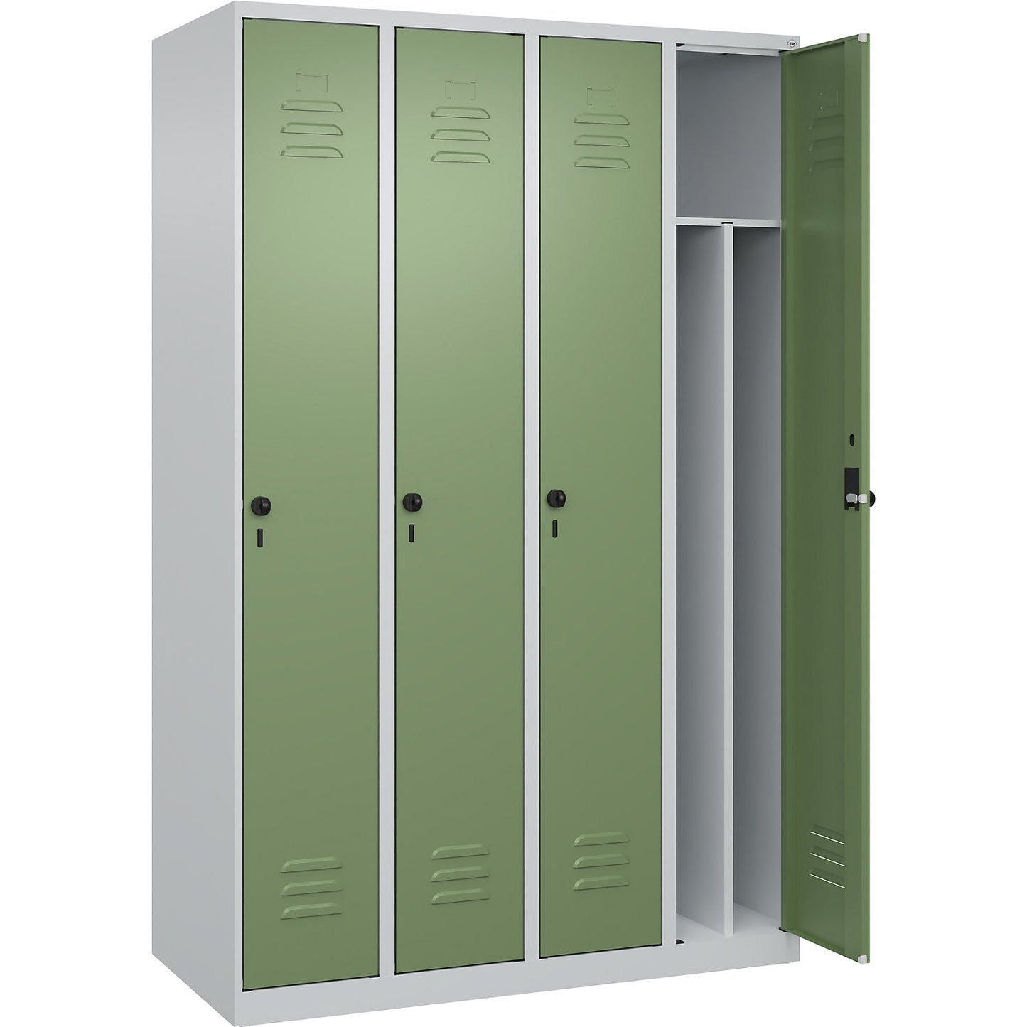Classic PLUS clean and dirty clothes locker, narrow, 4 compartments, shortened centre divider, light grey/reseda green, W 1200 mm, with floor glides, rotary bolt, centre partition.