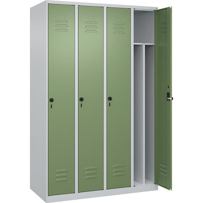 Classic PLUS clean and dirty clothes locker, narrow, 4 compartments, shortened centre divider, light grey/reseda green, W 1200 mm, with floor glides, rotary bolt, centre partition.