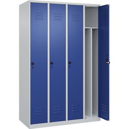Classic PLUS clean and dirty clothes locker, narrow, 4 compartments, shortened centre divider, light grey/gentian blue, W 1200 mm, with floor glides, rotary bolt, centre partition.