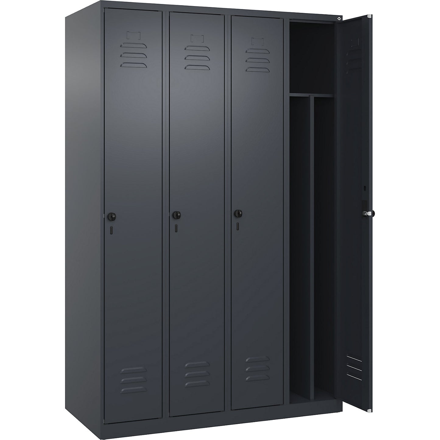 Classic PLUS clean and dirty clothes locker, narrow, 4 compartments, shortened centre divider, grey, W 1200 mm, with floor glides, rotary bolt, centre partition.