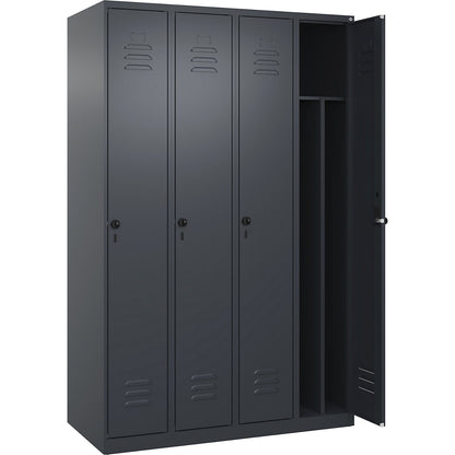 Classic PLUS clean and dirty clothes locker, narrow, 4 compartments, shortened centre divider, grey, W 1200 mm, with floor glides, rotary bolt, centre partition.