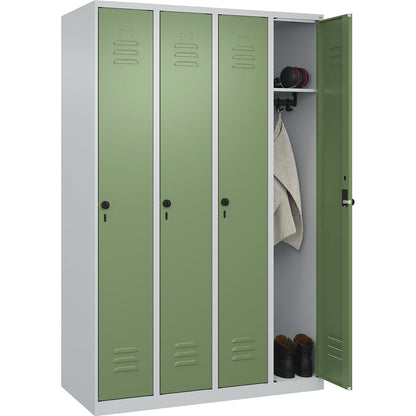 Classic PLUS clothes locker, 4 compartments, light grey/reseda green, W 1200 mm, with floor glides, rotary bolt.