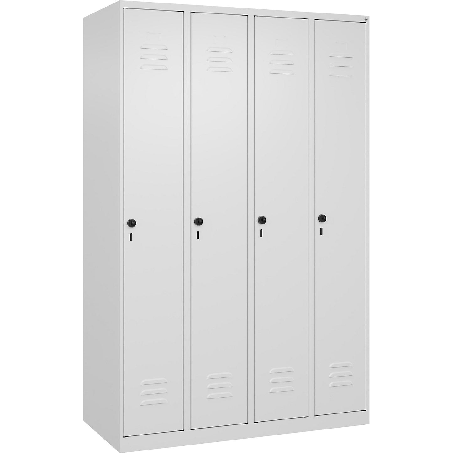Classic PLUS clothes locker, 4 compartments, traffic white, W 1200 mm, with floor glides, rotary bolt.