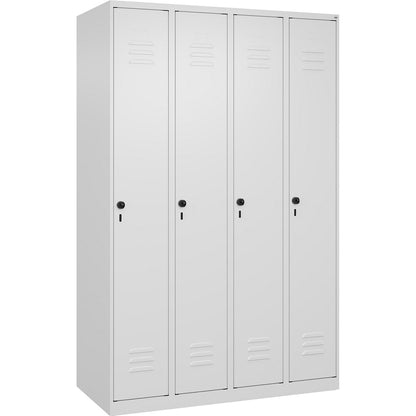 Classic PLUS clothes locker, 4 compartments, traffic white, W 1200 mm, with floor glides, rotary bolt.