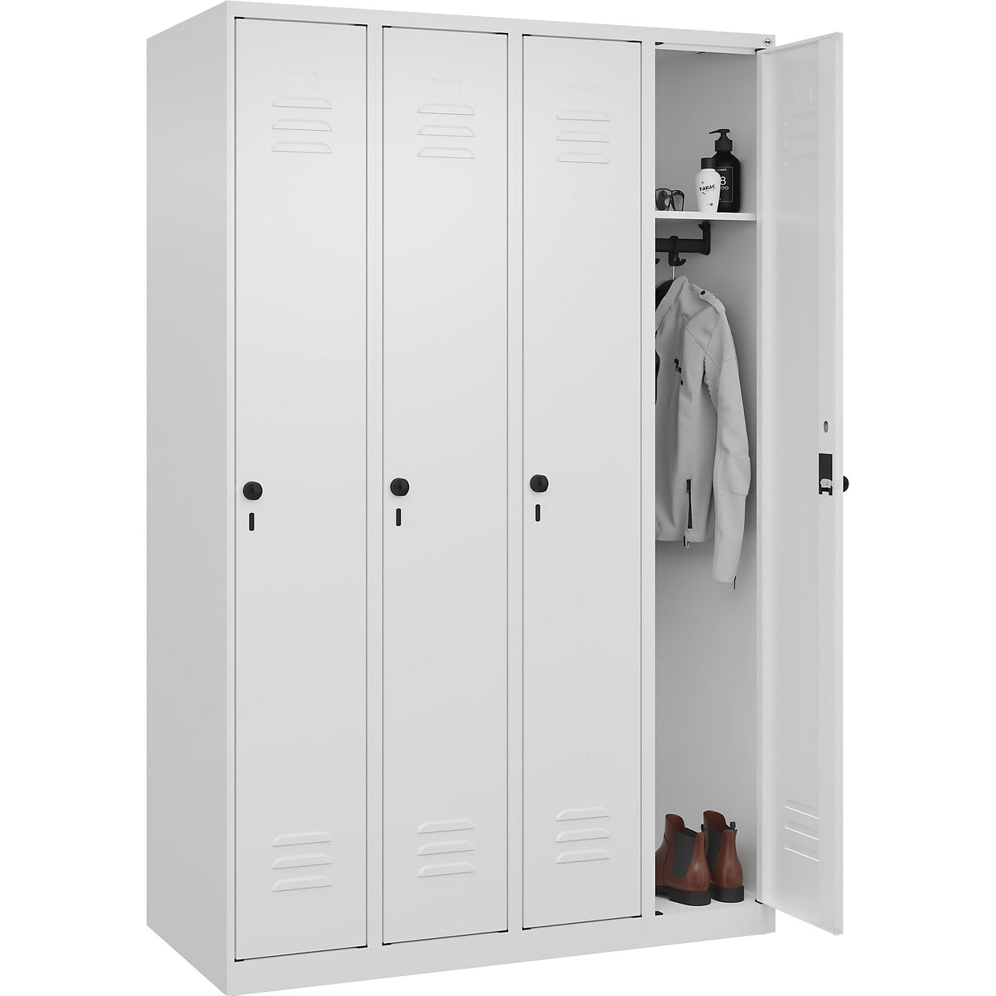 Classic PLUS clothes locker, 4 compartments, traffic white, W 1200 mm, with floor glides, rotary bolt.