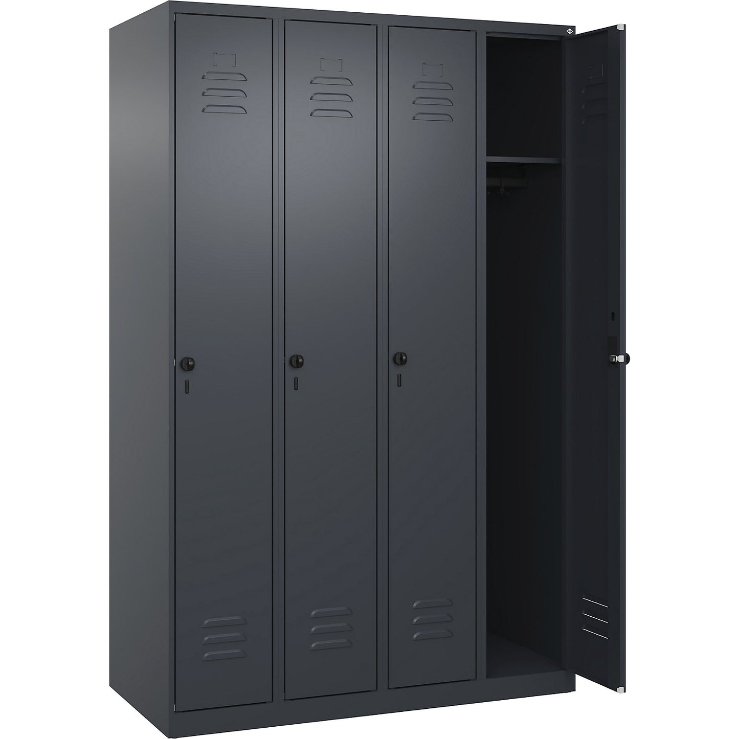 Classic PLUS clothes locker, 4 compartments, grey, W 1200 mm, with floor glides, rotary bolt.