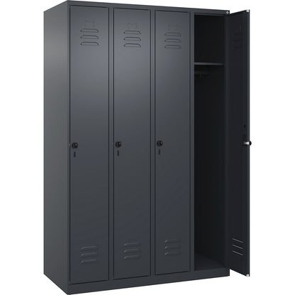 Classic PLUS clothes locker, 4 compartments, grey, W 1200 mm, with floor glides, rotary bolt.