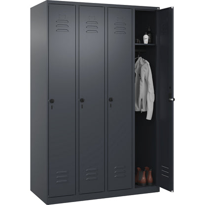 Classic PLUS clothes locker, 4 compartments, grey, W 1200 mm, with floor glides, rotary bolt.