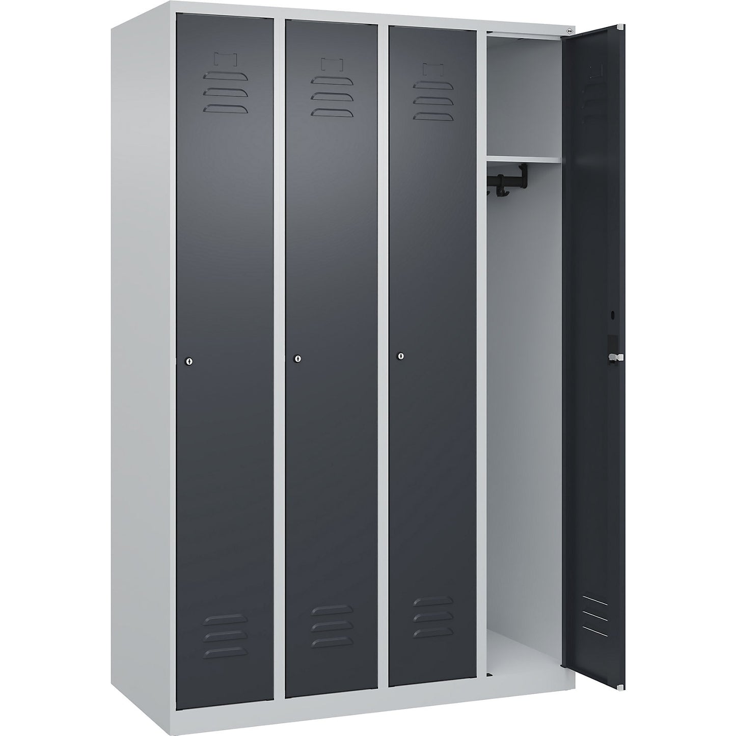 Classic PLUS clothes locker, 4 compartments, light grey/grey, W 1200 mm, with floor glides, cylinder lock.