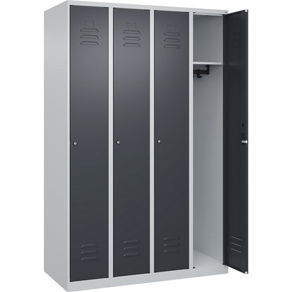 Classic PLUS clothes locker, 4 compartments, light grey/grey, W 1200 mm, with floor glides, cylinder lock.